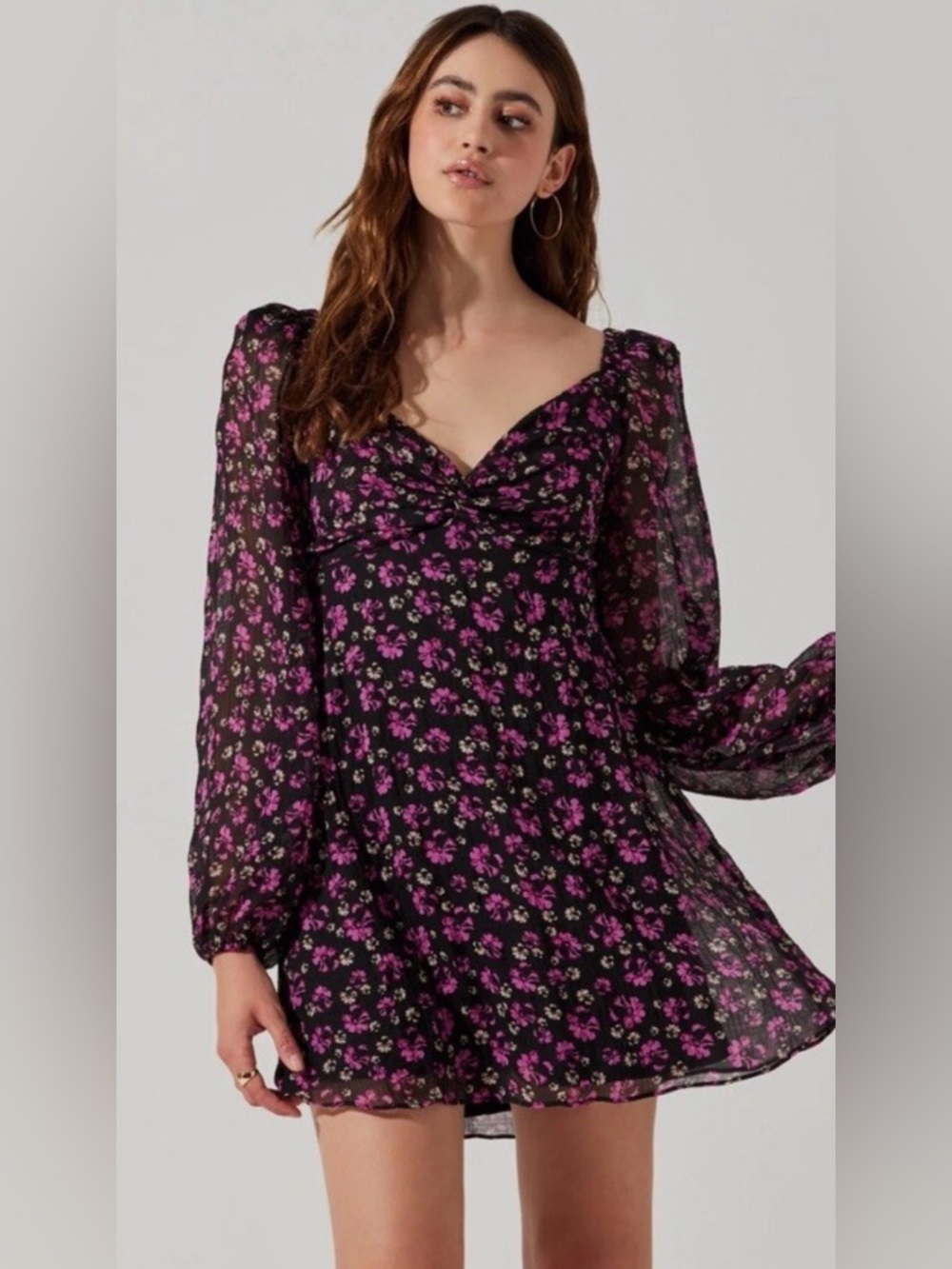 Astr Black Long-Sleeve Mini Dress with Purple Floral Print